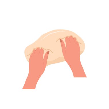 Hamur elleri büküyorum. Kadın ev yapımı ekmek hazırlıyor. Üst Manzara. Aşçılık okulu. Evde kal ve tarifine göre sağlıklı yemekler pişir. Çizgi film tarzında vektör illüstrasyonu