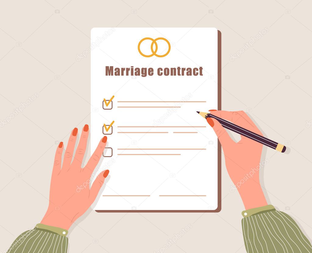 Marriage contract. Woman signs prenuptial agreement document. Prenup wedding certificate. Couple divorce concept. Top-down view. Vector illustration in flat cartoon style
