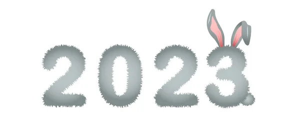 2023 yıllık tavşan. Sevimli tavşan kulaklı büyük rakamlar. Çin Yeni Yıl sembolü. Bayram tebrik kartı. Vektör illüstrasyonu beyaz arkaplanda izole edildi