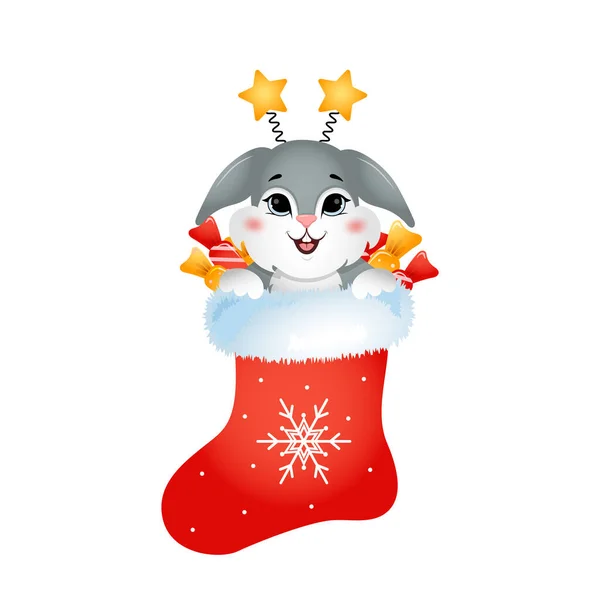 Year of rabbit. Cute bunny in christmas sock with candies. Chinese New year 2023 symbol. Vector illustration in cartoon style. Design element for greeting cards, holiday banner, decor — Image vectorielle