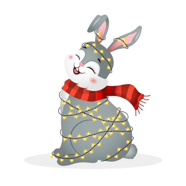 Christmas bunny with garland. Year of rabbit. Chinese New year 2023 symbol. Vector illustration in cartoon style. Design element for greeting cards, holiday banner, decor 矢量图形