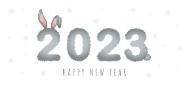 2023 yıllık tavşan. Sevimli tavşan kulaklı büyük rakamlar. Çin Yeni Yıl sembolü. Bayram tebrik kartı. Vektör illüstrasyonu beyaz arkaplanda izole edildi