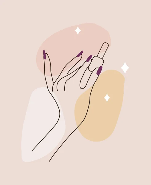 Diseño de logotipos vectoriales para estudio de arte de uñas. Diseño moderno para manicura y pedicura salón de belleza y centro de spa. Icono lineal aislado sobre fondo de acuarela rosa — Vector de stock