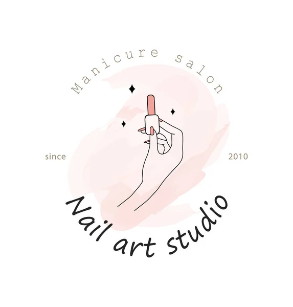 Plantilla de logotipo de manicura para estudio de arte de uñas. Diseño moderno para el centro de belleza y spa. Ilustración lineal aislada sobre fondo de acuarela rosa Vector de stock