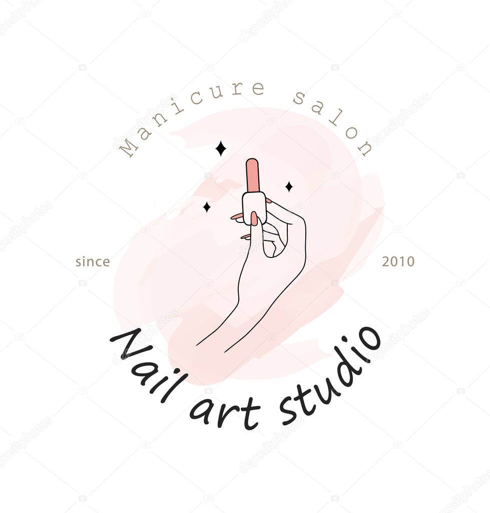 Manicure logo template for nail art studio. Modern design for beauty and spa center. Linear illustration isolated on pink watercolor background.