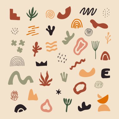 Soyut şekiller koleksiyonu. Bir dizi el çizimi çeşitli geometrik nesneler ve karalama elementleri. Moda boho tarzında vektör illüstrasyonu