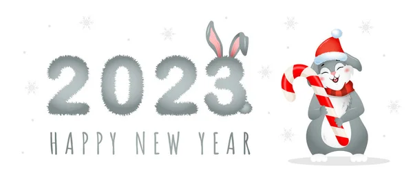 2023 year of rabbit. Large numbers with christmas bunny in santa hat. Chinese New Year symbol. Festive greeting card. Vector illustration isolated on white background — Stock Vector