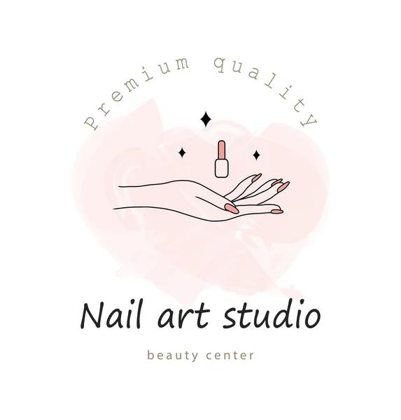 Vector Logo Design für das Nail Art Studio. Modernes Design für Maniküre und Pediküre Schönheitssalon und Wellness-Center. Lineare Ikone isoliert auf rosa Aquarell Hintergrund — Stockvektor