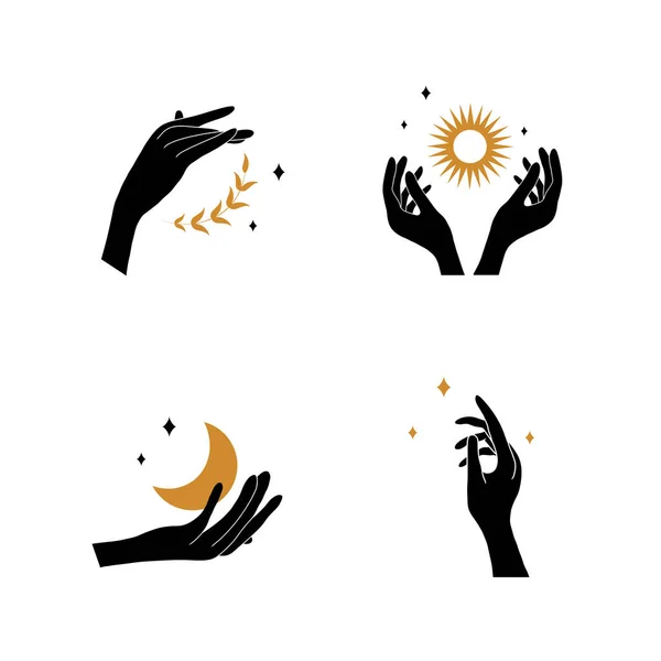 Boho hand met maan en zon. Verzameling van Boheemse esthetische design logo 's. Alchemie esoterische talismannen. Vector illustratie in minimalistische stijl — Stockvector