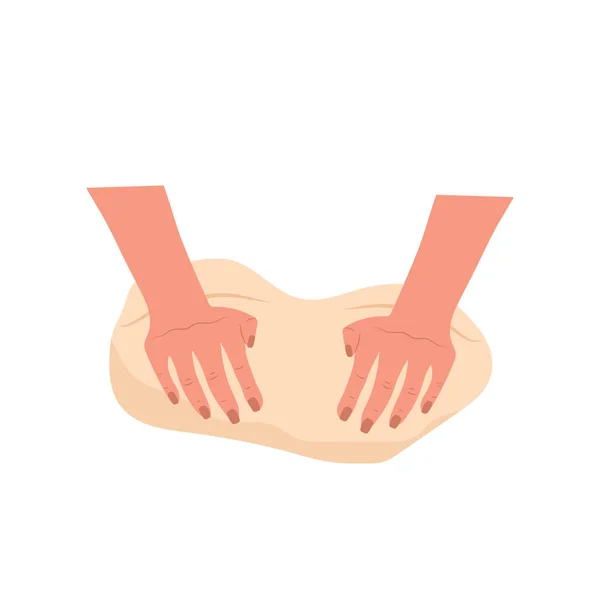 Kneading dough hands. Woman prepares homemade bread. Top view. Cooking school. Stay home and cook healthy food by recipe. Vector illustration in flat cartoon style — Vetor de Stock