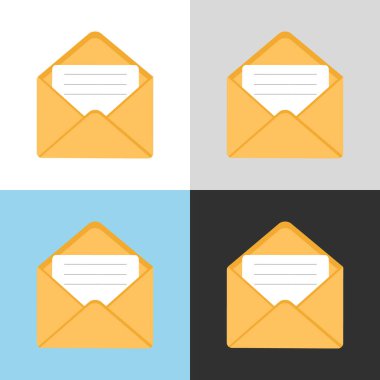 Posta zarfı simgesi. SMS mesajları, bildirimler, davetiyeler alınıyor. Teslimat yazışmaları ve mektuplar. Çizgi film tarzında vektör illüstrasyonu