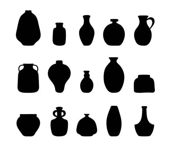 Vasi Boho pronti. Silhouette astratta di vasi in ceramica e brocche in argilla di colore nero. Arredamento domestico moderno. Varie forme. Illustrazione vettoriale doodle disegnata a mano — Vettoriale Stock