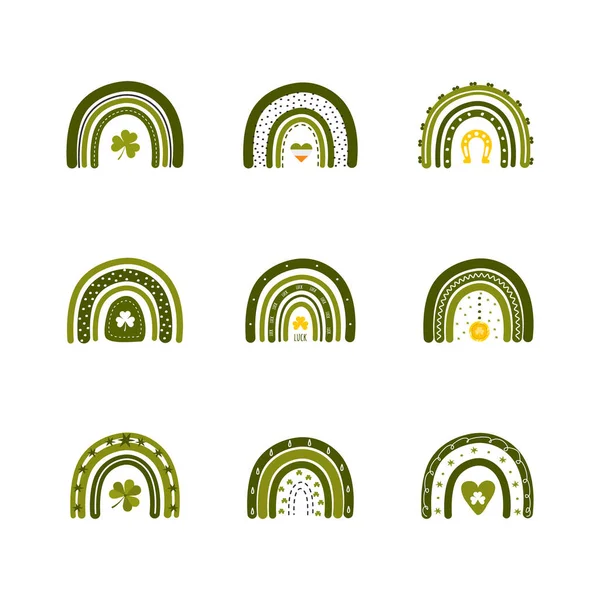 Ημέρα του Αγίου Πατρικίου ουράνιο τόξο σε στυλ Boho. Βοημίας κλιματισμός για ιρλανδικές διακοπές. Σκανδιναβικό σχέδιο για καρτ ποστάλ, αυτοκόλλητο, ρούχα, χαρτί περιτυλίγματος, ύφασμα. Χαριτωμένη διανυσματική απεικόνιση με τριφύλλι — Διανυσματικό Αρχείο
