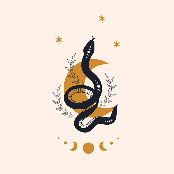 Varázslatos kígyó boho stílusban a holddal. Rejtélyes szimbólum trendi minimalista stílusban. Ezoterikus vektor illusztráció Jogdíjmentes Stock Vektorok