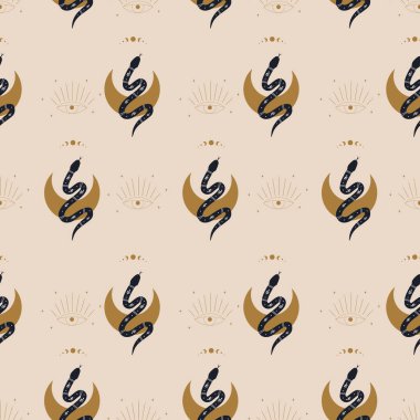 Boho sihirli yılan ve ay ile kusursuz desen. Moda minimalist tarzında mistik bir sembol. Esrarengiz vektör çizimi. El çizimi bohem kumaş tasarımı veya paket kağıdı