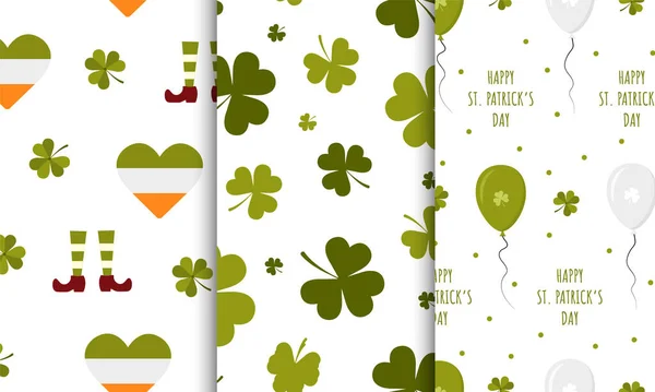 Aziz Patrick Günü için bir dizi kusursuz desen. İrlanda tatili için güzel bir arka plan. Çizgi film tarzında vektör illüstrasyonu. Kumaş, paket kağıdı, duvar kağıdı ve tebrik kartları için mükemmel. — Stok Vektör