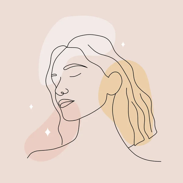 Affiche avec visage de femme abstrait. Portrait féminin minimaliste sur des taches colorées. silhouette féminine dessinée à la main. Illustration vectorielle dans un style de dessin à une ligne. Design de mode beauté — Image vectorielle