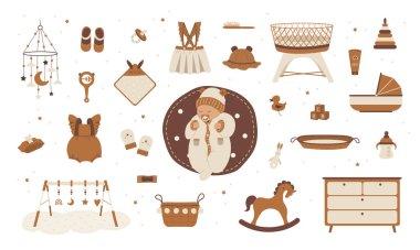 Boho bebek bakımı objeleri. Tatlı uyuyan bebek. Çocuklar için klasik tahta oyuncaklar. Çocuk odası dekorasyonu için elle çizilmiş elementler. Çizgi film tarzında vektör illüstrasyonu
