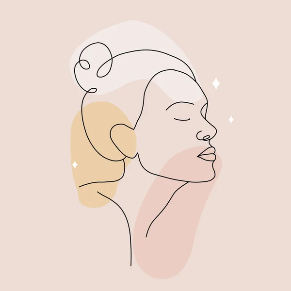 Affiche avec visage de femme abstrait. Portrait féminin minimaliste sur des taches colorées. silhouette féminine dessinée à la main. Illustration vectorielle dans un style de dessin à une ligne. Design de mode beauté — Image vectorielle