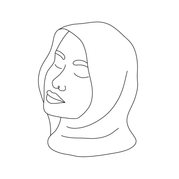 Femme arabe linéaire en hijab. Portrait féminin minimaliste contemporain aux yeux fermés. silhouette féminine dessinée à la main. Illustration vectorielle dans un style de ligne. Logo beauté. — Image vectorielle