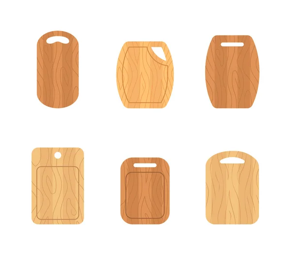 Set houten snijplanken. Keukengereedschap van verschillende vormen. Bovenaanzicht. Vector illustratie in platte cartoon stijl — Stockvector