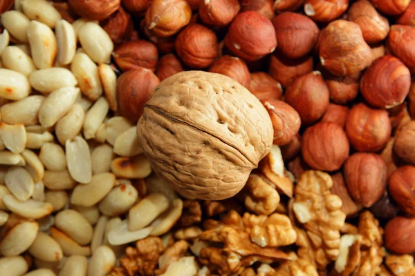 Walnut in het midden van de achtergrond uit de noten — Stockfoto