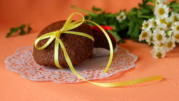 巧克力蛋糕，系着一条丝带和雏菊 — 图库照片