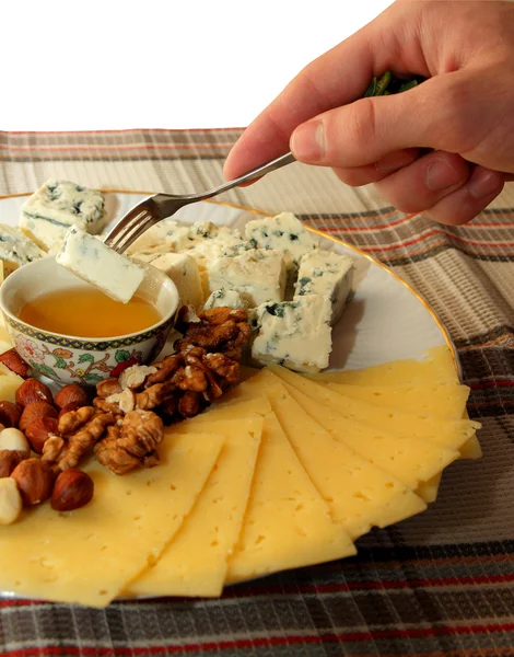 Bal dip çatal, elinde bir parça peynir tutan kişi — Stok fotoğraf