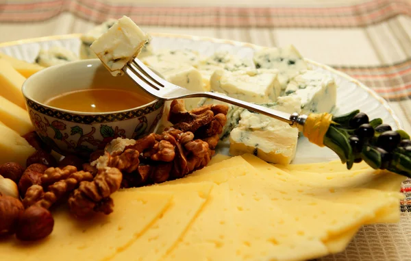 Cheese plate with several kinds of cheese, nuts and honey — Stock Photo, Image
