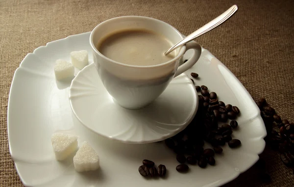 Cup of coffee with cream and sugar lump — Stock Photo, Image