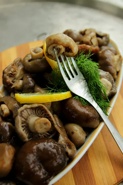 Champiñones marinados y sazonados con especias preparadas para la alimentación —  Fotos de Stock