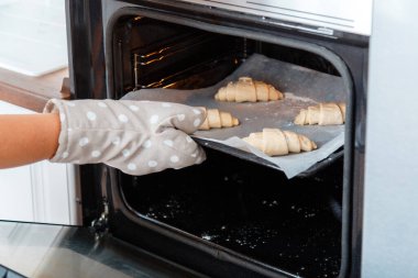 Pişmemiş mini geleneksel Fransız kruvasanları fırında pişirme tepsisinde. Sabah kahvaltısı Fransız fırını konsepti. Kadın eli eldivende, tepsi çiğ kruvasanı fırına koyuyor..