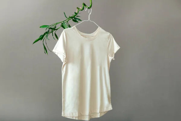 stock image Beige T shirt hanging on hanger on plant Bamboo branches Isolated on gray background. Minimalistic Eco Concept Basic clothing T-shirt mockup.