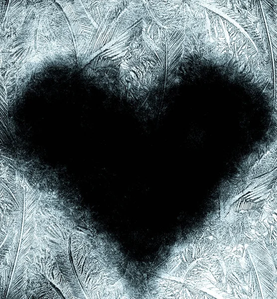 Παγωμένοι Κρύσταλλοι Σχήμα Καρδιάς Μαύρο Φόντο Μια Σκοτεινή Επιφάνεια Δομή — Φωτογραφία Αρχείου