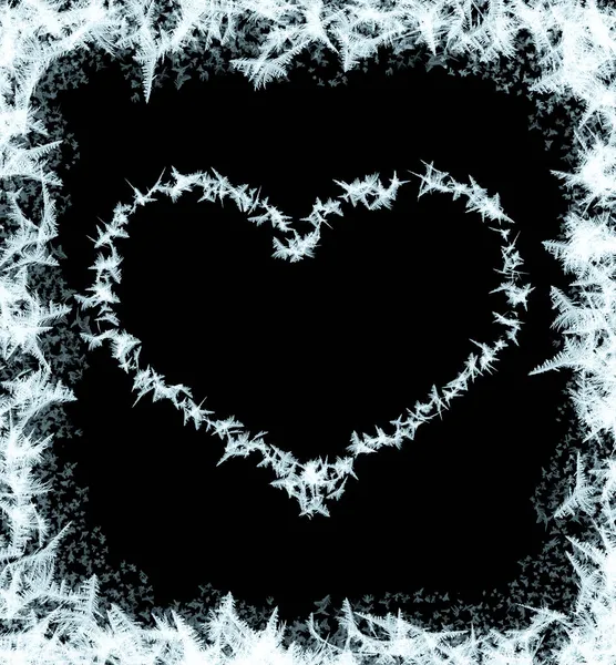 Παγωμένοι Κρύσταλλοι Σχήμα Καρδιάς Μαύρο Φόντο Μια Σκοτεινή Επιφάνεια Δομή — Φωτογραφία Αρχείου