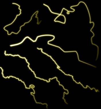 Sarı şimşekler. Gerçekçi şimşekler. Elektrik şimşeği şimşek fırtınası bulutlarda çakıyor. Siyah arka planda yıldırım kolajı.