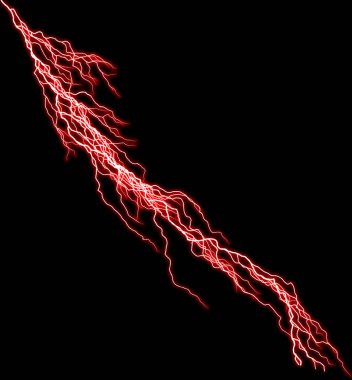 Kırmızı şimşek. Gerçekçi bir yıldırım. Elektrik şimşeği şimşek fırtınası bulutlarda çakıyor. Siyah arka planda yıldırım kolajı.
