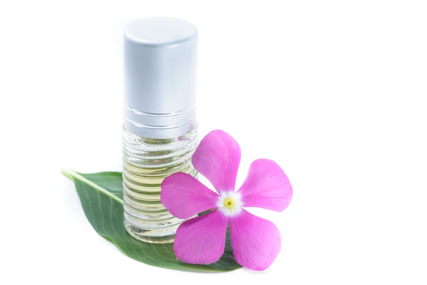 Parfum Générique et Fleur Violette sur pierre, fond blanc — Photo