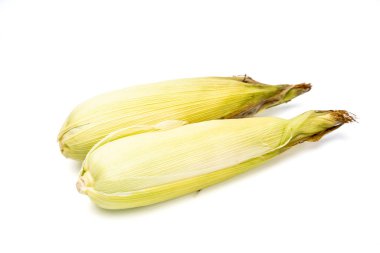 Kabuklu taze mısır, beyaz arka planda izole.