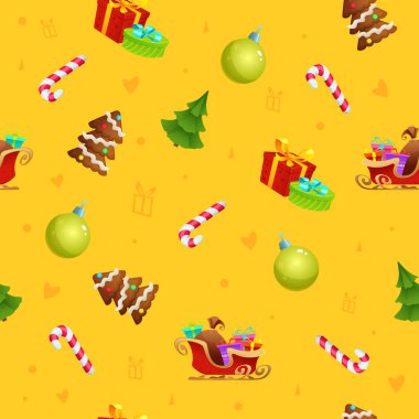 Sarı arka planda, hediyeler, Noel ağacı, şeker kamışı, tatil kurabiyeleri dizayn edilmiş vektör Noel deseni