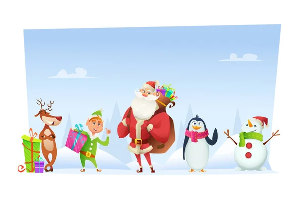 Karácsonyi karakterek: Mikulás egy zsák ajándékot a vállán, egy szarvas, egy pingvin hullámok, egy vidám elf, egy hóember — Stock Vector