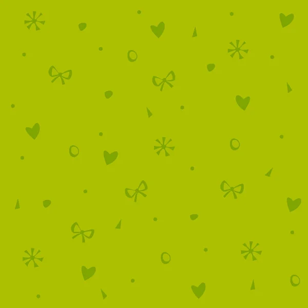 Patrón de invierno vectorial sobre un fondo verde con un diseño de copos de nieve, triángulos, círculos, puntos, arcos y corazones — Vector de stock