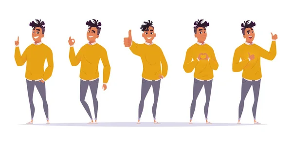 African American guy shows gestures like super, cool, heart, raised his finger up. Set of different poses and gestures — 图库矢量图片
