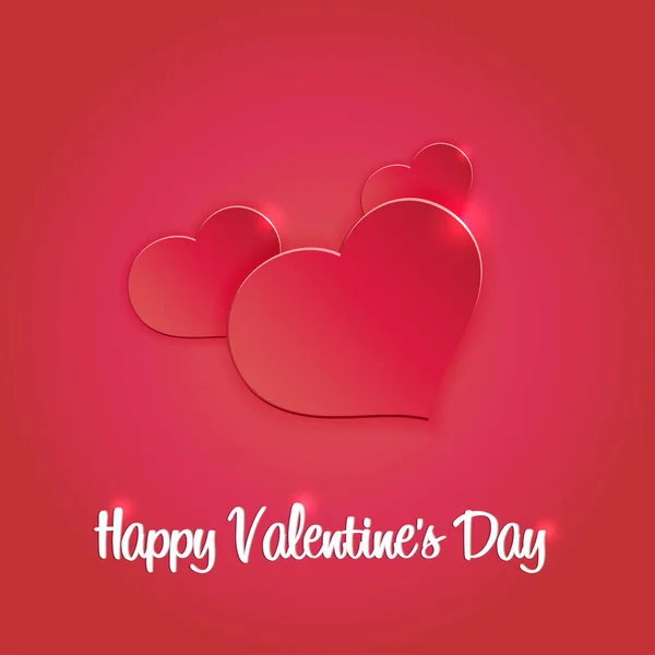 Valentijnsdag wenskaart ontwerp met volumetrische harten en witte letters op een rode achtergrond — Stockvector
