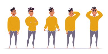 Şok olmuş, dehşete düşmüş, üzgün, parasız, dilenci ve harap olmuş Afro-Amerikalı bir adamın farklı pozları.