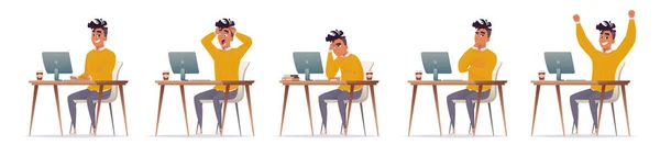 Set of different emotions of young African American guy working at his desk at computer: smiles, upset, tired, thinks — 图库矢量图片