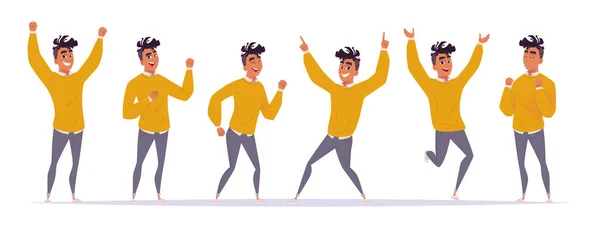 Set of different joyful poses and gestures of a young African American guy who is happy, has fun, dances, bouncing Stockillustration