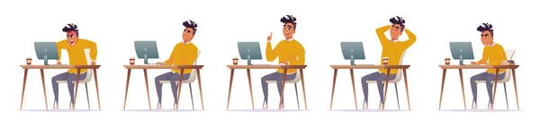 Set of young African American guy working at his desk at computer: angry, resting, having an idea, sad, working hard Stockillustration