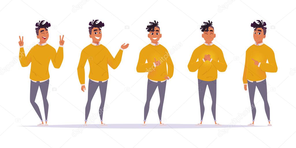 Set of character of African American positive man who shows different gestures:cool, love,like, points at another person