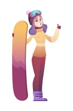 Mor saçlı ve kayak gözlüklü şık kız elinde snowboard tutuyor ve her şeyin yolunda olduğunu işaret ediyor.